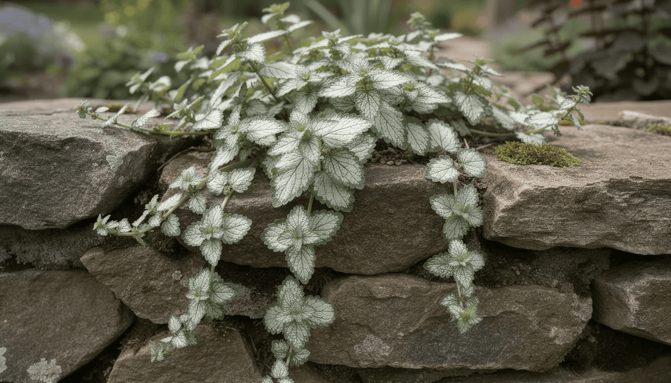 Na murku skalnym rośnie jasnota plamista, charakteryzująca się srebrnymi liśćmi i efektownie zwisającymi pędami. Roślina ta, będąca byliną z rodziny jasnotowatych, tworzy gęste dywany, które ograniczają chwasty i dobrze rosną w umiarkowanie wilgotnej glebie.