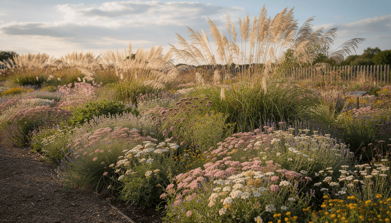 Na obrazie znajduje się naturalistyczna rabata z ozdobnymi trawami i bylinami w stylu preriowym, w której dominuje sesleria jesienna. Rośliny tworzą półkuliste kępy, a ich liście mają złocistą barwę, co nadaje rabacie estetyczny wygląd w pełnym słońcu oraz umiarkowanie wilgotnych glebach.