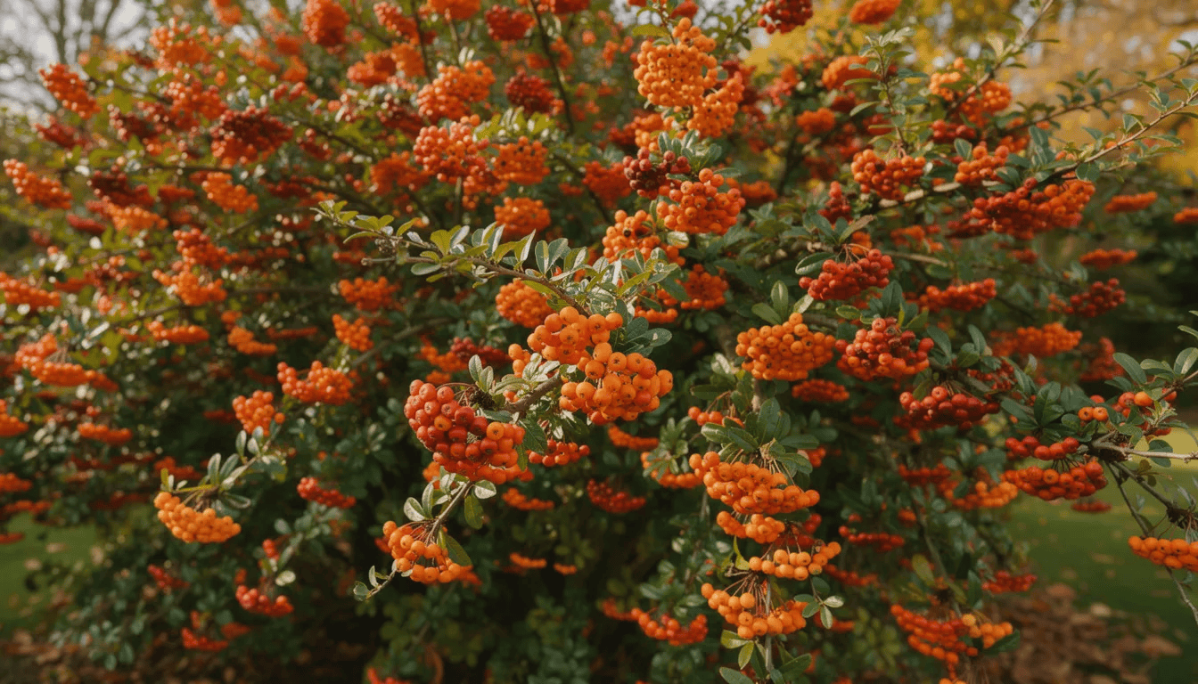 Na obrazie widoczny jest kolorowy żywopłot z ognika szkarłatnego, który obficie owocuje w różnych odcieniach pomarańczy i czerwieni. Intensywnie zielone liście otaczają kuliste owoce, tworząc efektowną dekorację w ogrodzie, szczególnie w późną jesień.