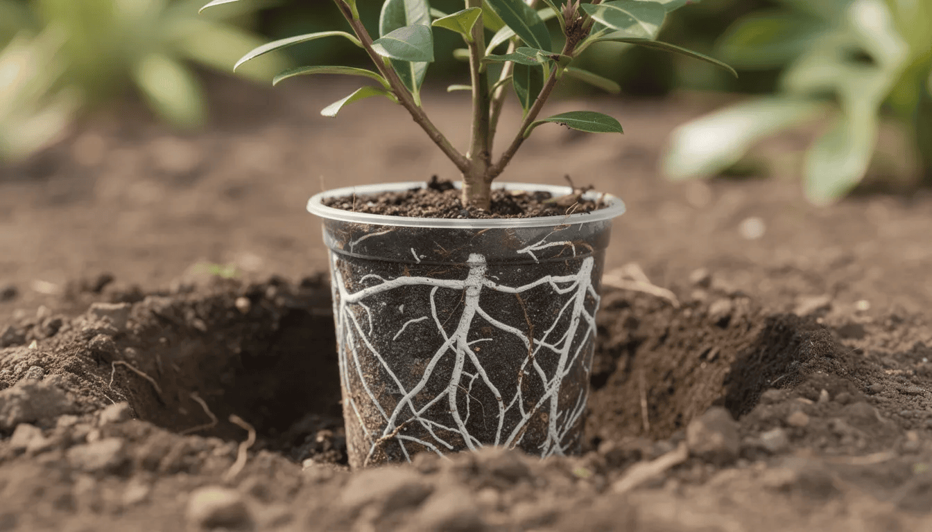Na zdjęciu znajduje się sadzonka pierisa japońskiego w doniczce, z widoczną bryłą korzeniową, gotowa do sadzenia. Młode liście intensywnie czerwone kontrastują z ciemnozielonymi liśćmi, co wskazuje na zdrowie rośliny i jej gotowość do wzrostu w optymalnych warunkach.