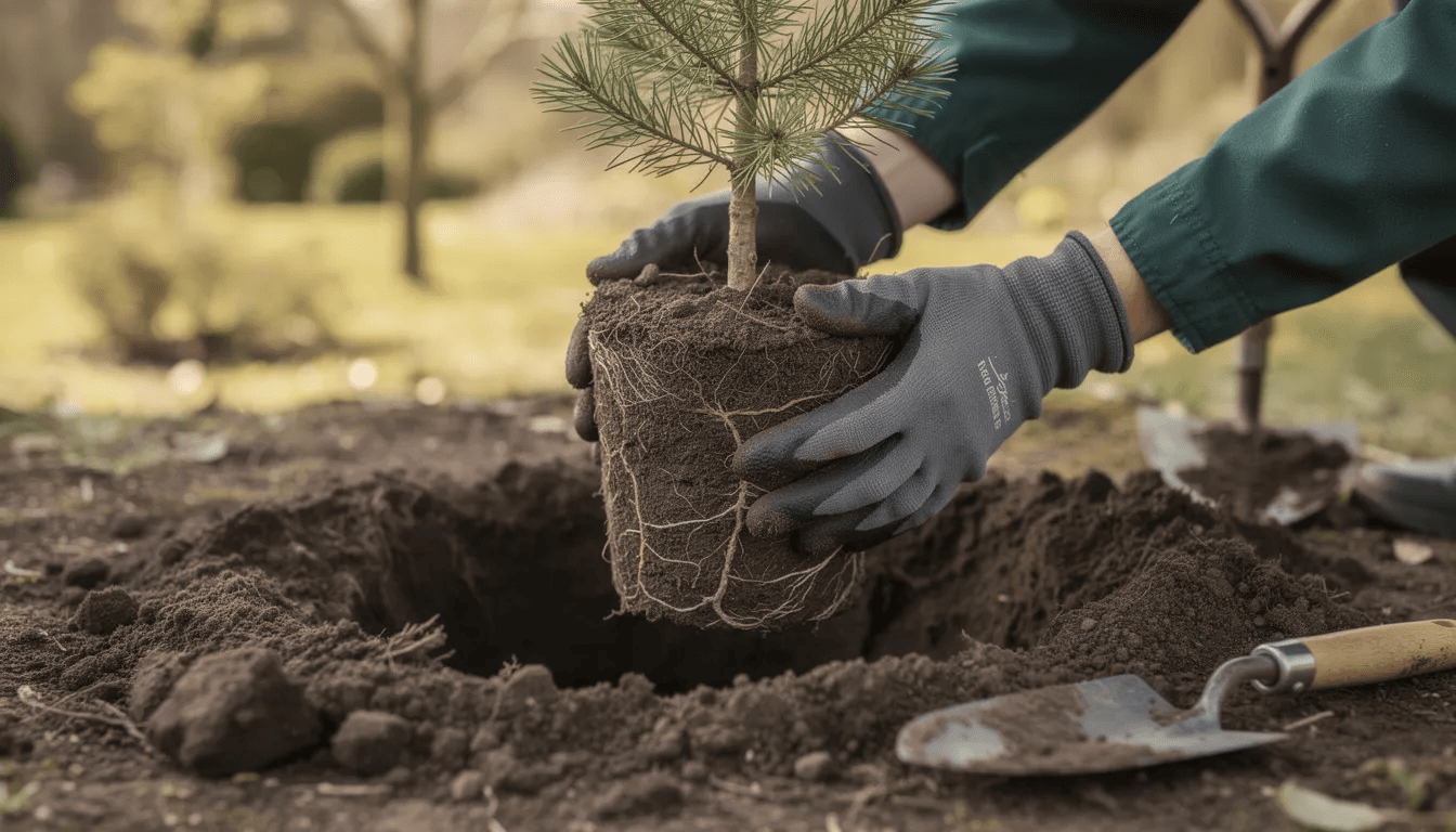 Na obrazie widać proces sadzenia młodego drzewa iglastego, z wyraźnie widoczną bryłą korzeniową. Drzewo, prawdopodobnie świerk kłujący, jest umieszczane w nowym miejscu w ogrodzie, co wskazuje na dbałość o odpowiedni gatunek rośliny iglastej.