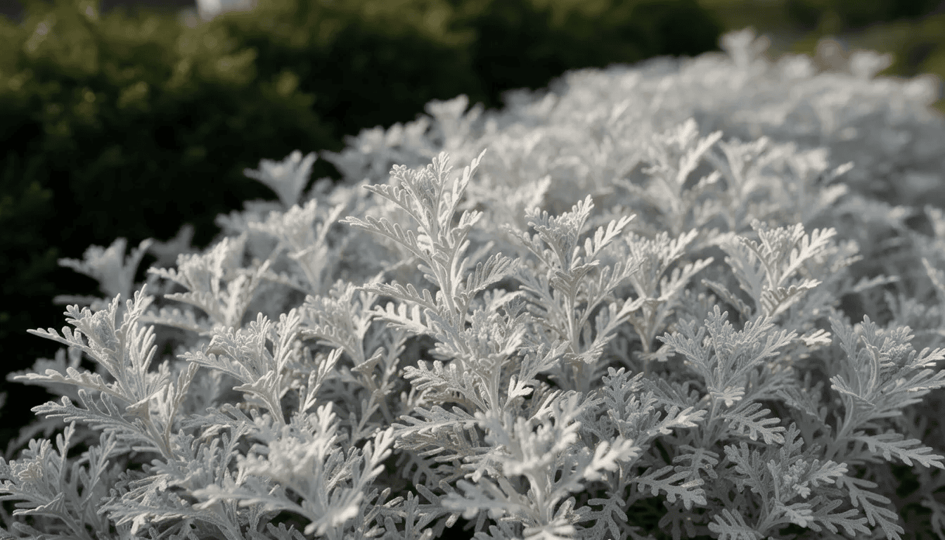 Na obrazie widać srebrzyste liście bylicy pospolitej, które kontrastują z ciemnozielonymi krzewami w rabatce. Roślina ozdobna, jaką jest bylica, wyróżnia się pierzastymi liśćmi, tworząc harmonijną kompozycję w ogrodzie.