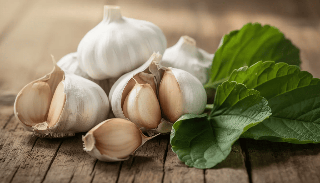 Na drewnianym stole leżą dojrzałe główki czosnku, z wyraźnie widocznymi ząbkami, obok których znajdują się świeże liście. Czosnek pospolity, znany ze swoich właściwości odżywczych, jest często uprawiany w ogrodach i wykorzystywany w kuchni.
