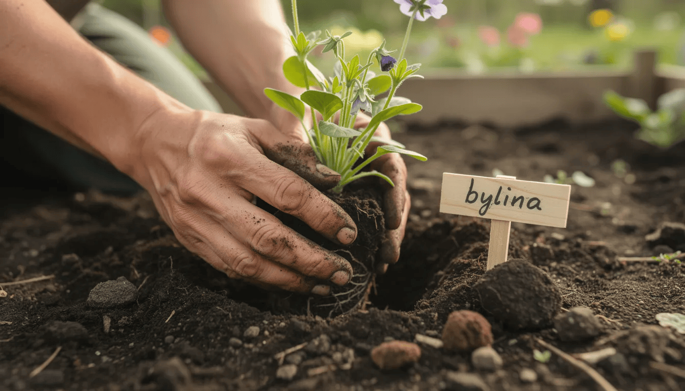 Na zdjęciu widać ręce ogrodnika, które starannie sadzą bylinę, prawdopodobnie krwawnik pospolity, w żyznej glebie. Roślina ta, znana z białych i różowych kwiatów, ma właściwości lecznicze i jest często uprawiana w ogrodach naturalistycznych.