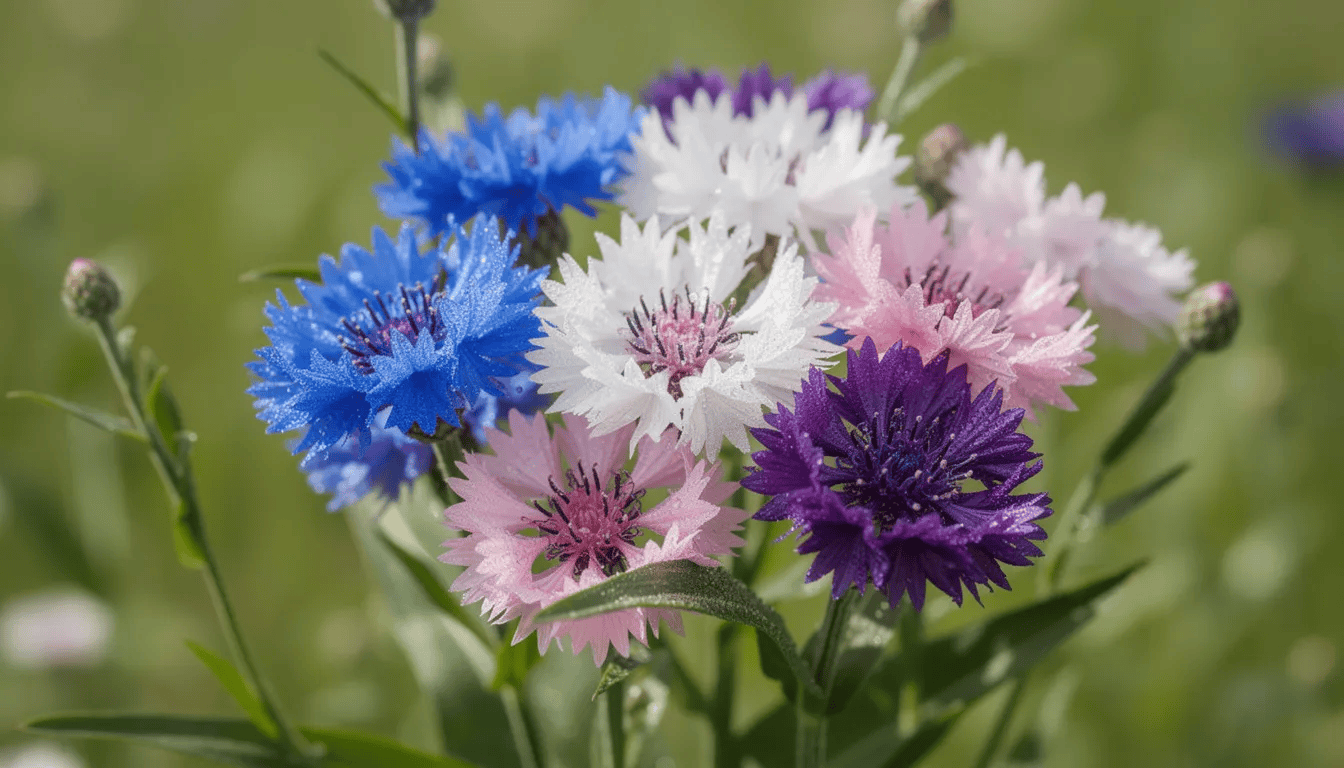 Na obrazku widoczne są różnokolorowe chabry, w tym niebieskie, białe, różowe i ciemnopurpurowe kwiaty, które kwitną na tle zielonych liści. Te piękne kwiaty, należące do rodziny astrowatych, przyciągają owady zapylające i doskonale sprawdzają się w ogrodach wiejskich.
