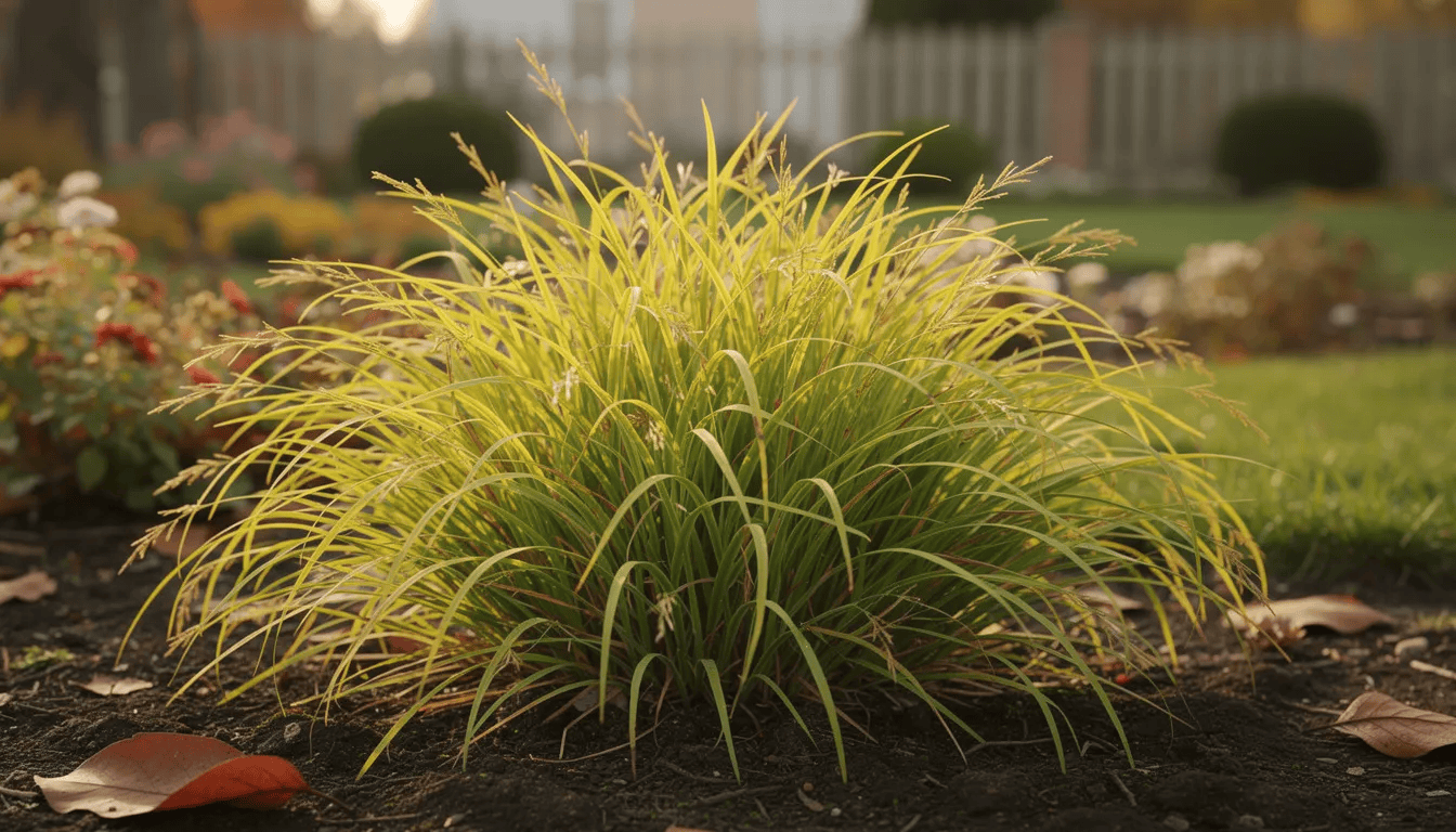 Na obrazku widać kępę seslerii jesiennej o limonkowo-zielonych liściach, rosnącą w przydomowym ogrodzie. Roślina ta, będąca niską trawą ozdobną, tworzy półkuliste kępy i dobrze czuje się w umiarkowanie wilgotnych, słonecznych stanowiskach.