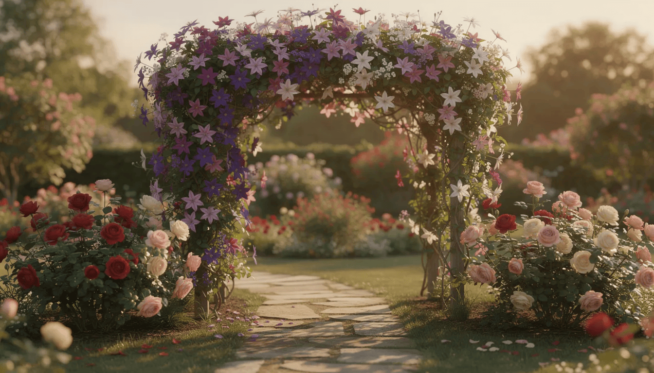 Ogród z pergolą porośniętą obficie kwitnącymi powojnikami w różnych kolorach, takich jak fioletowe i białe kwiaty, otoczony różanymi krzewami. Rośliny te doskonale komponują się z innymi gatunkami, tworząc malowniczy krajobraz w słonecznym stanowisku.