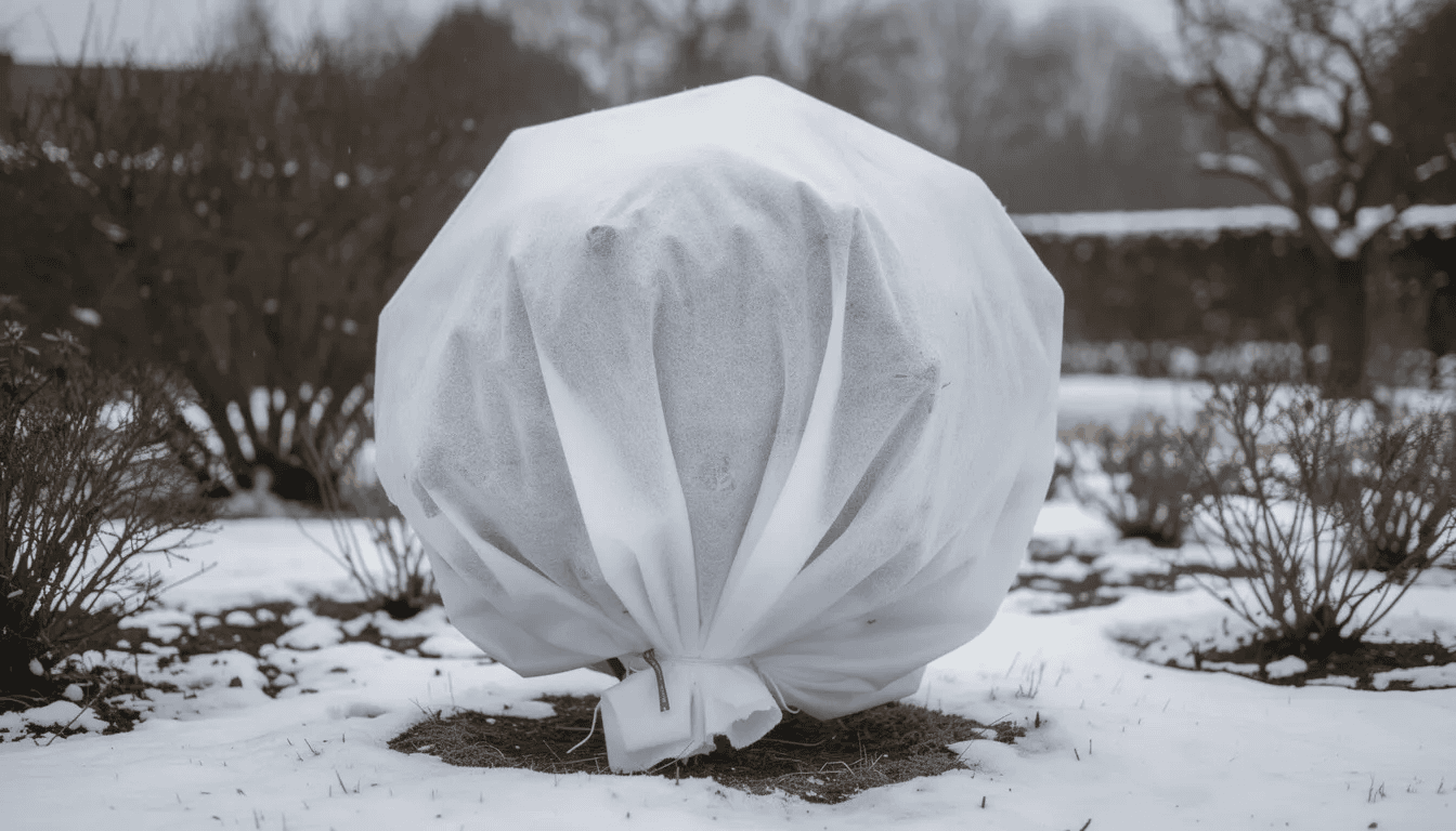 Na zdjęciu znajduje się krzew azalii japońskiej, zabezpieczony białą agrowłókniną, w zimowym ogrodzie, gdzie widać również śnieg pokrywający ziemię. Roślina ma ciemnozielone liście i jest przygotowana na nadchodzący okres wegetacji, co podkreśla jej ozdobny charakter wśród zimowego krajobrazu.