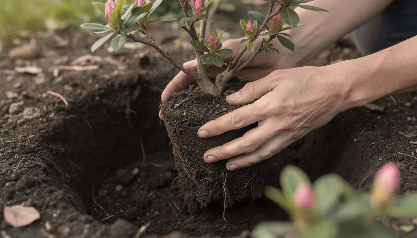 Na zdjęciu widoczne są ręce ogrodnika, które sadzą młody krzew azalii w starannie przygotowanym dołku. Roślina ma skórzaste liście, a jej pąki kwiatowe zapowiadają efektowne, ciemnoróżowe kwiaty, które wkrótce zakwitną, tworząc prawdziwą ozdobę ogrodu.