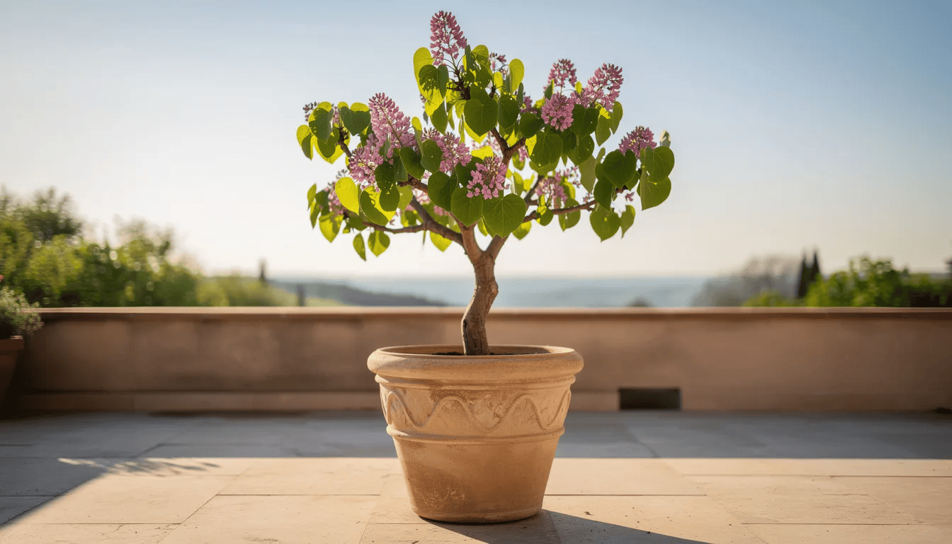 Na słonecznym tarasie znajduje się duża ceramiczna donica z judaszowcem, który zachwyca intensywnie różowymi kwiatami. Roślina, znana jako cercis canadensis, ma sercowate liście i stanowi atrakcyjną ozdobę w ogrodzie, szczególnie wiosną, gdy kwitnie obficie.