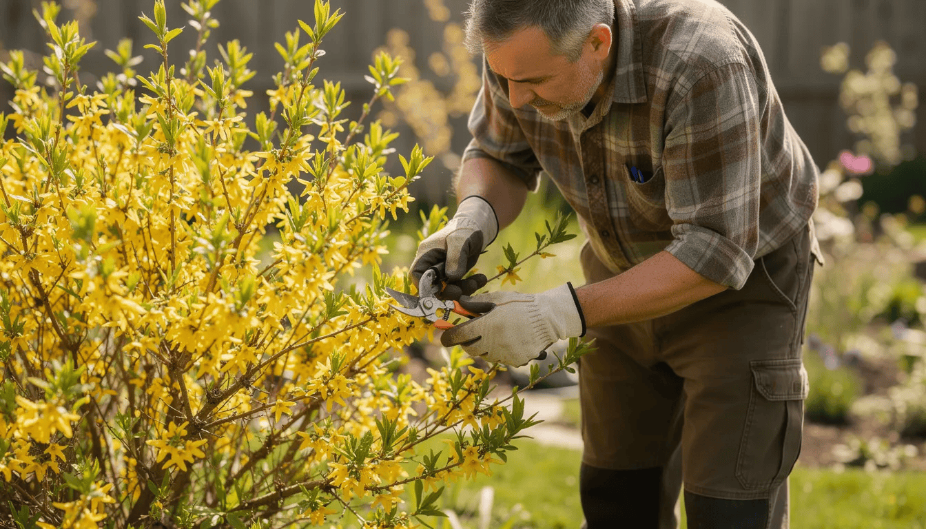 Ogrodnik przycina krzew forsycji sekatorami, dbając o jego kształt i zdrowie. Forsycja, pięknie kwitnący krzew, wczesną wiosną obfituje w żółte kwiaty, które pojawiają się na szczytach pędów.