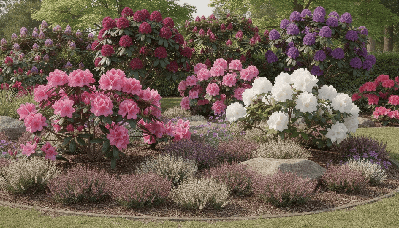 Na obrazie widoczna jest kompozycja ogrodowa z wielobarwnymi azaliami wielkokwiatowymi, zimozielonymi różanecznikami oraz wrzosami, które tworzą harmonijną całość. Kwiaty azalii kwitną obficie w odcieniach różowo-żółto-kremowych, a ich kuliste kwiatostany pięknie kontrastują z liśćmi i innymi roślinami w tle.