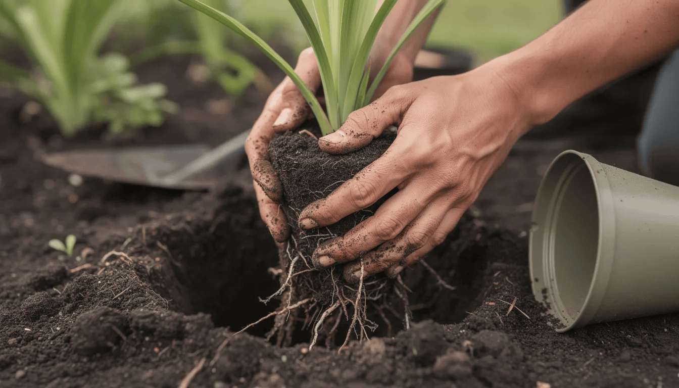 Na zdjęciu widoczne są ręce ogrodnika, które sadzą liliowca w ziemi. Obok leży doniczka oraz rozłożone korzenie rośliny, co sugeruje staranny proces uprawy liliowców w ogrodzie.