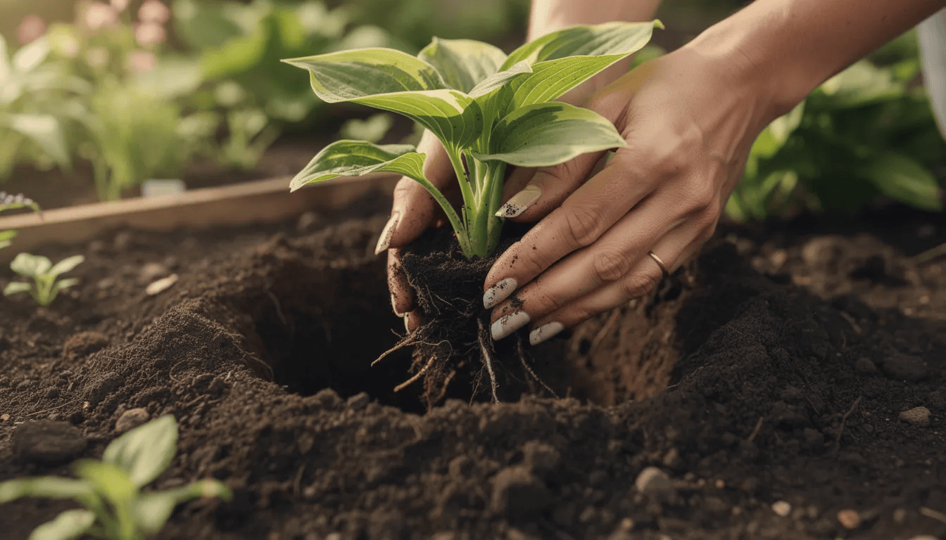 Na zdjęciu widoczne są ręce sadzące młodą funkie w przygotowanym dołku w ogrodzie, otoczonym zielonymi liśćmi innych roślin cieniolubnych. Funkie, znane z dekoracyjnych kęp i różnorodności kolorów liści, są umieszczane w miejscach cienistych, co sprzyja ich wzrostowi.