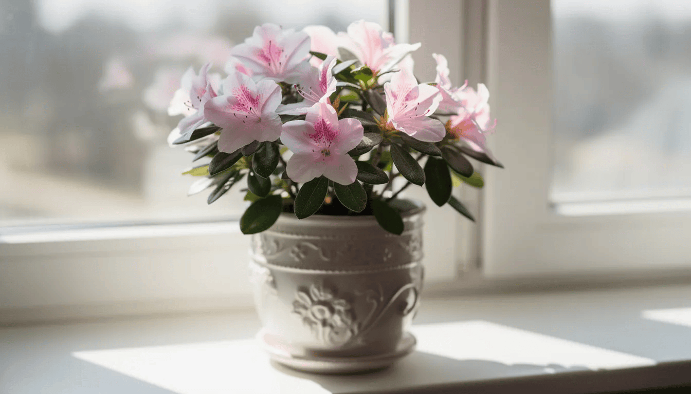 Na parapecie okna znajduje się kwitnąca azalia doniczkowa, ozdobiona pięknymi, kolorowymi kwiatami. Roślina ta, należąca do rodziny wrzosowatych, cieszy się dużą popularnością dzięki swoim walorom dekoracyjnym oraz wymaganiom, które można łatwo spełnić w domowych warunkach.