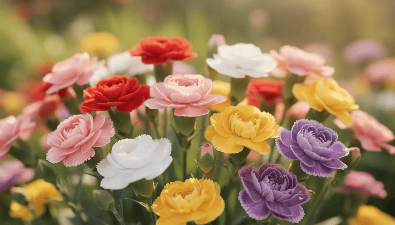 W słonecznym ogrodzie widać kolorowe goździki w pełnym rozkwicie, tworzące gęste kępy intensywnych, wielobarwnych kwiatów. Rośliny te, znane jako goździk ogrodowy, prezentują się pięknie wśród zieleni liści, emanując korzennym zapachem.