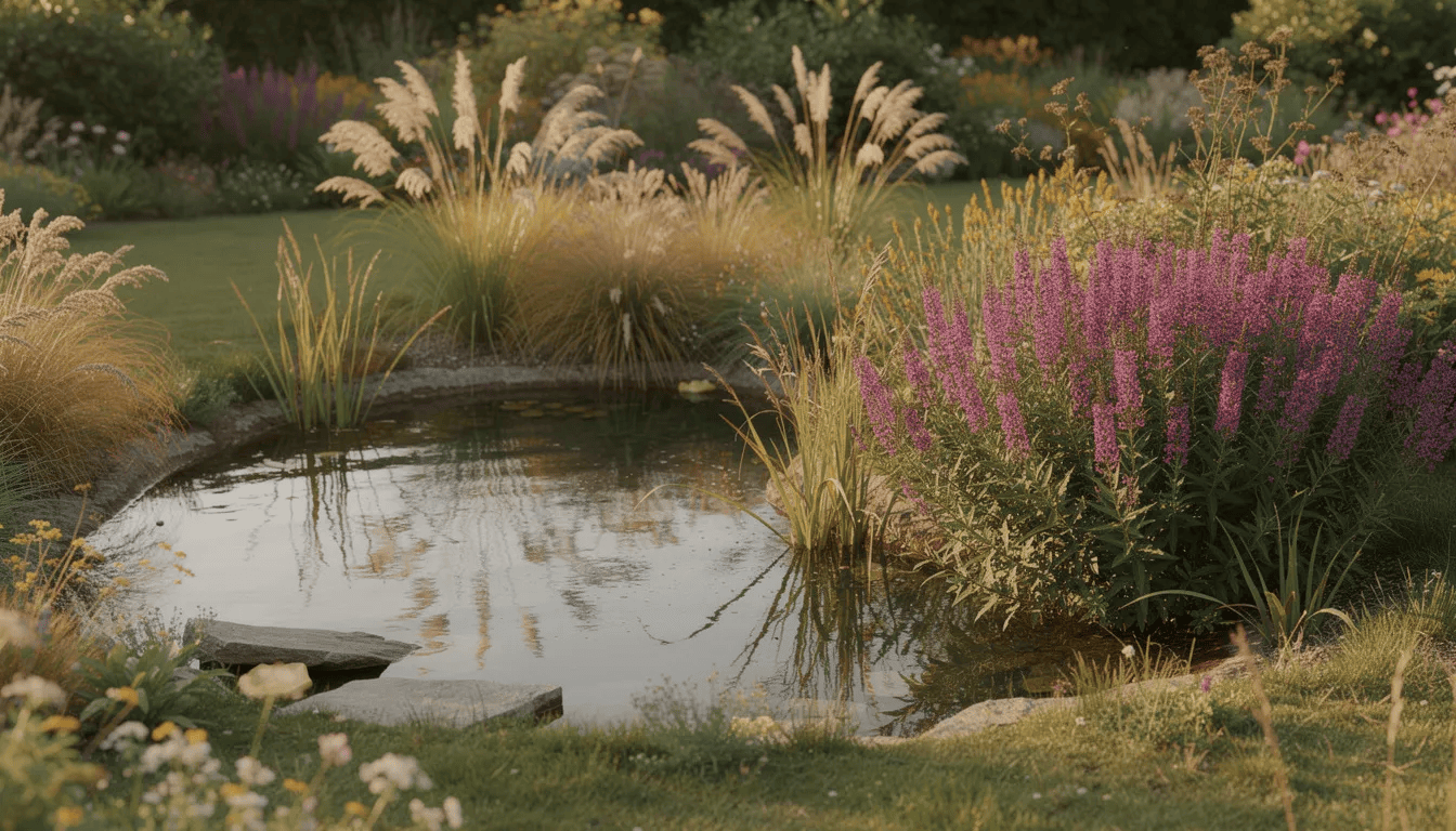 Na zdjęciu znajduje się ogród naturalistyczny, w którym rośnie krwawnica pospolita przy brzegu oczka wodnego, otoczona ozdobnymi trawami. Roślina ta charakteryzuje się intensywnie różowymi kwiatostanami, tworząc harmonijne kompozycje w wilgotnych glebach.