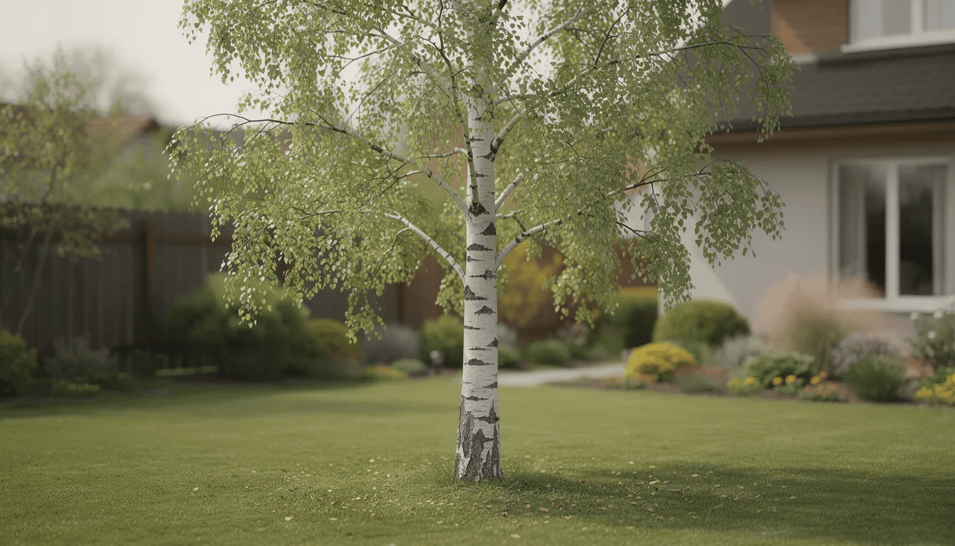 Na środku trawnika w przydomowym ogrodzie rośnie dojrzała brzoza brodawkowata z charakterystyczną białą korą. Jej liście wiosną są intensywnie zielone, a drzewo przyciąga uwagę swoim dekoracyjnym wyglądem i nieregularną koroną.