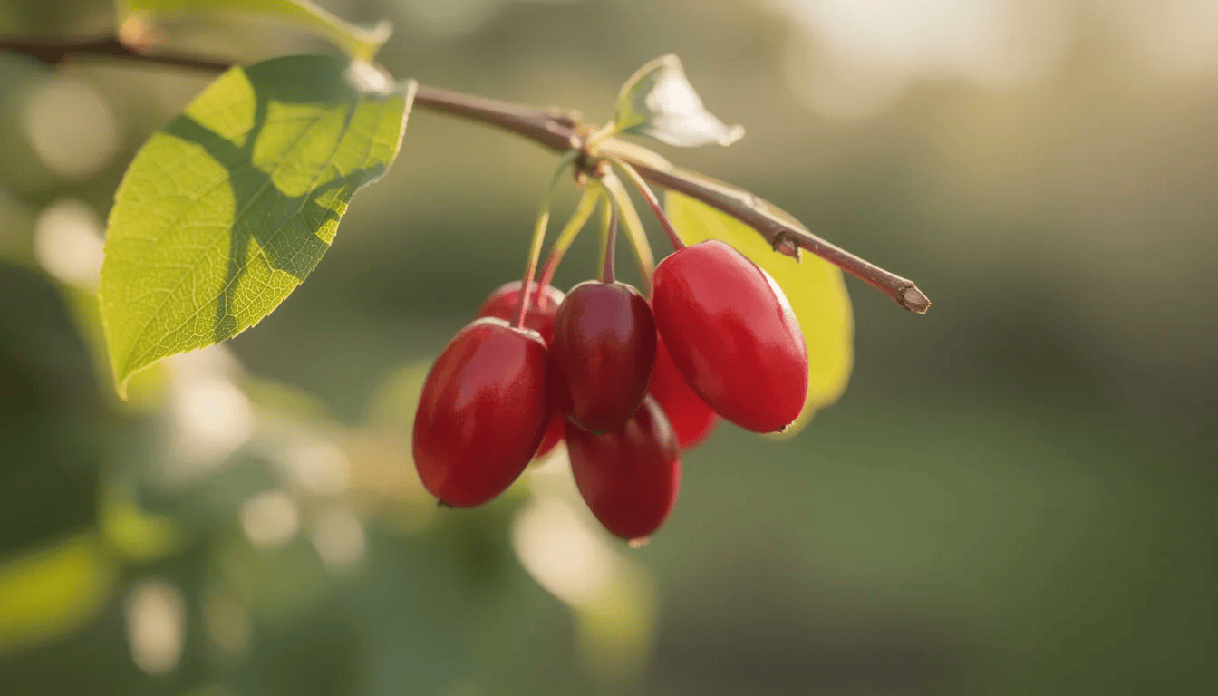 Na gałązce w letnim słońcu wiszą dojrzałe czerwone owoce derenia jadalnego, otoczone zielonymi liśćmi. Roślina ta, znana z walorów dekoracyjnych, tworzy rozłożysty krzew, który cieszy oko w każdym ogrodzie.