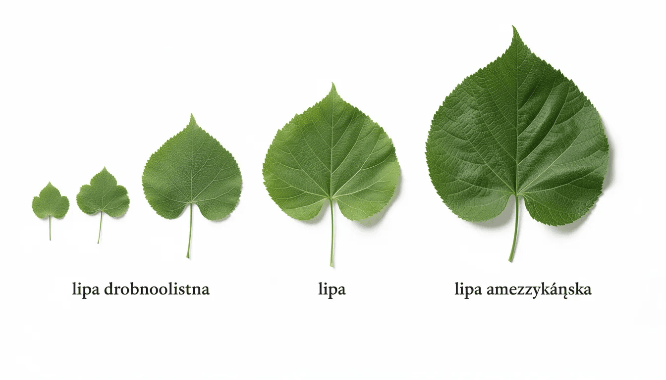 Na obrazku przedstawiono porównanie liści różnych gatunków lipy, w tym lipy drobnolistnej i lipy amerykańskiej, ukazując ich różnorodność od małych, sercowatych liści po duże, szerokie liście. W tle widoczne są drzewa lipowe, a także kwiatostany z silnie pachnącymi kwiatami, co podkreśla właściwości lecznicze tych roślin.