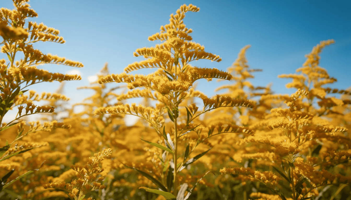 Na obrazie widoczne są złote kwiatostany nawłoci, w pełni kwitnienia, które kontrastują z błękitnym niebem. Roślina ta, znana jako nawłoć pospolita, jest popularna w ogrodach ze względu na swoje właściwości ozdobne i miododajne.