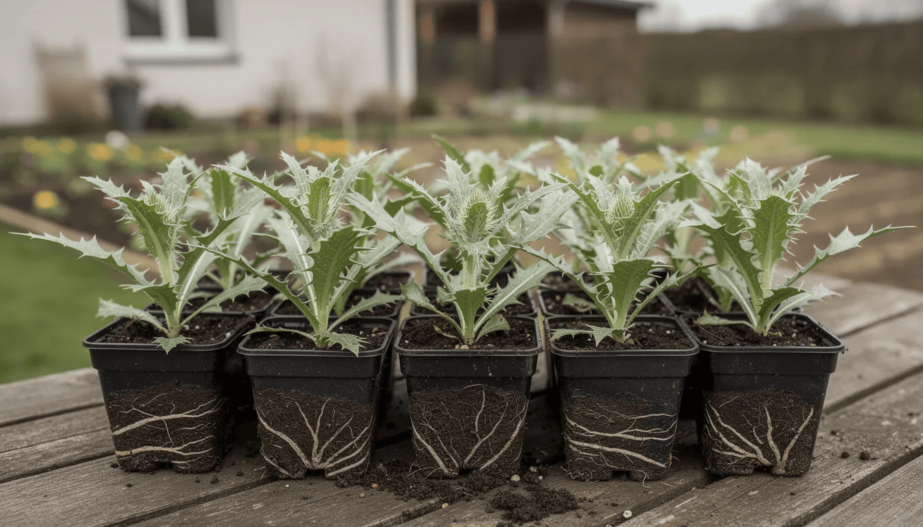 Na zdjęciu znajdują się młode sadzonki mikołajka, przygotowane w doniczkach do wysadzenia w ogrodzie. Rośliny te, w fazie pełnego kwitnienia, charakteryzują się niebieskimi kwiatami i kremowo obrzeżonymi liśćmi, a ich uprawa jest idealna w słonecznych stanowiskach.