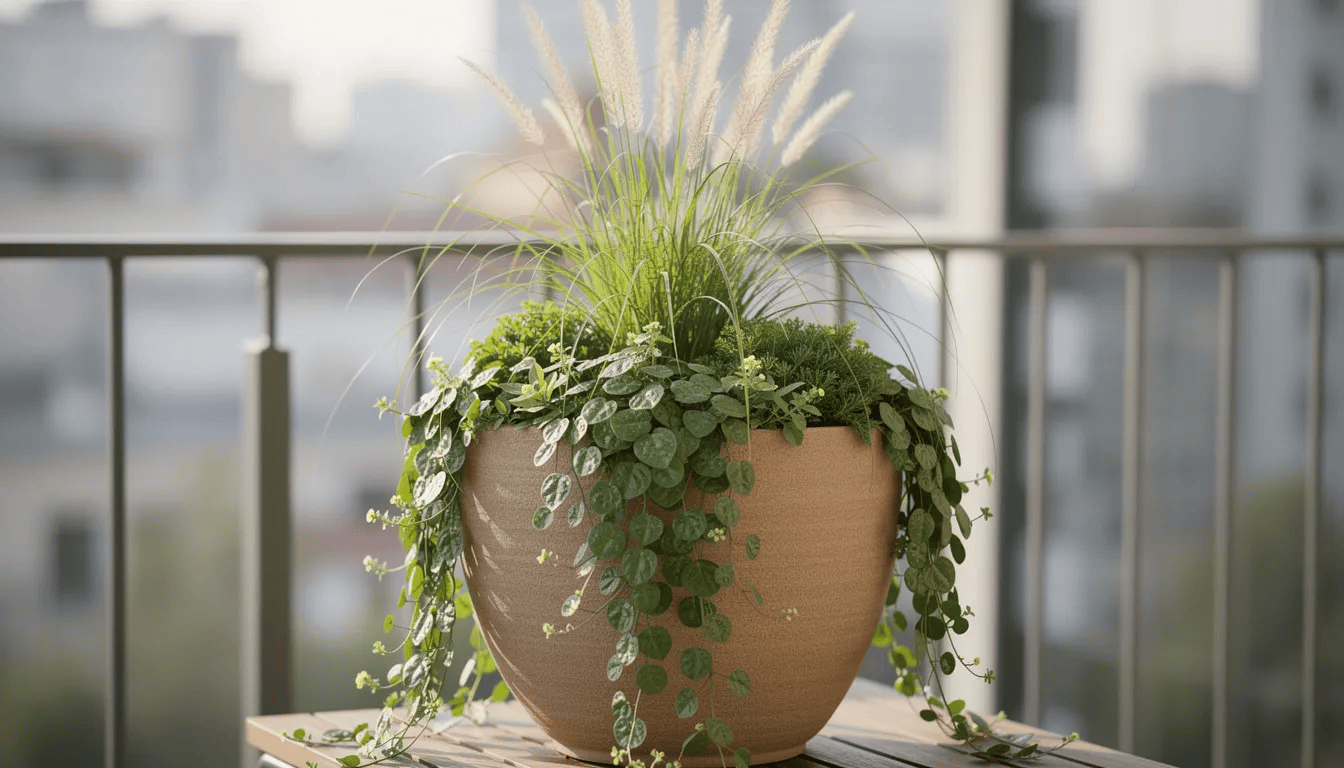 Na balkonie znajduje się ceramiczna donica z kompozycją roślin, w której dominuje tojeść rozesłana o żółtych liściach oraz trawy ozdobne. Rośliny te preferują wilgotne podłoże i słoneczne stanowiska, co sprawia, że świetnie nadają się do dekoracji ogrodów naturalistycznych.