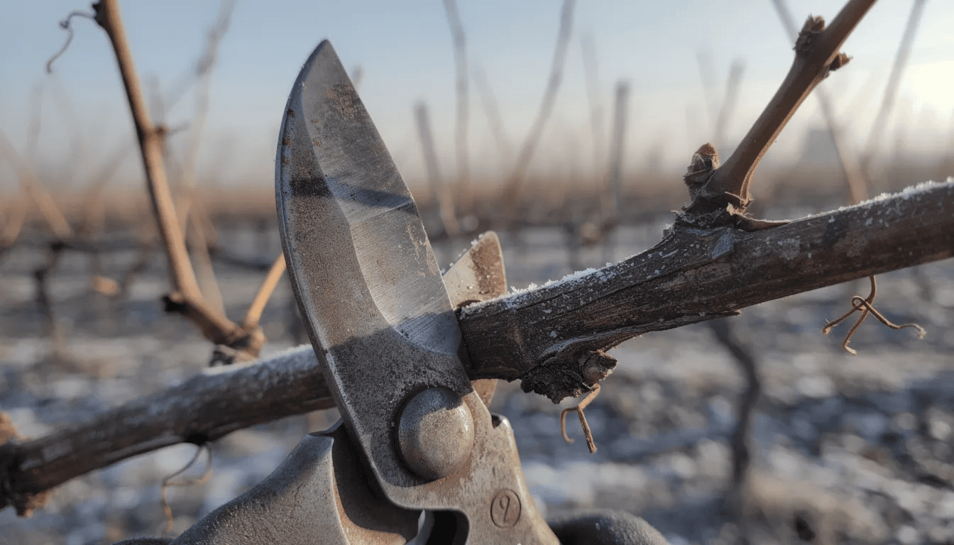 Na zbliżeniu widać sekator, który precyzyjnie tnie zimowe pędy winorośli, co jest kluczowe w procesie przycinania winorośli w celu poprawy owocowania. Obraz ukazuje detale narzędzia oraz pędów, które będą służyć do dalszej uprawy i wypuszczania nowych pędów w nadchodzącym sezonie.
