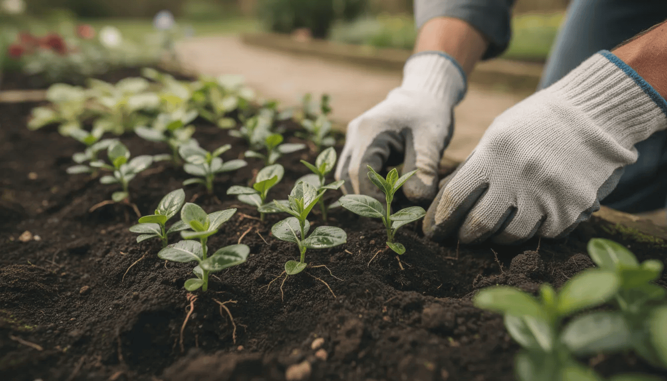 Na obrazku widać sadzenie młodych sadzonek barwinka pospolitego w ogrodzie. Roślina okrywowa, znana z zimozielonych liści i pięknych kwiatów, jest umieszczana w glebie, co zapowiada jej rozrost i kwitnienie przez całe lato.