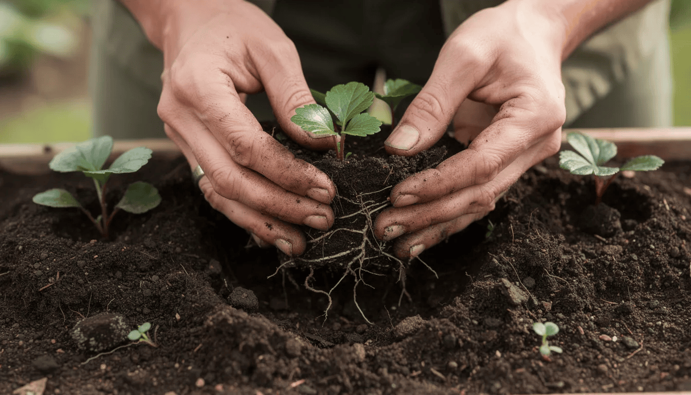 Na zdjęciu widoczne są ręce ogrodnika, które starannie sadzą sadzonki runianki japońskiej w przygotowanej, żyznej glebie. Runianka, będąca rośliną okrywową, tworzy gęsty, zielony dywan, idealny do dekoracji cienistych zakątków ogrodu.