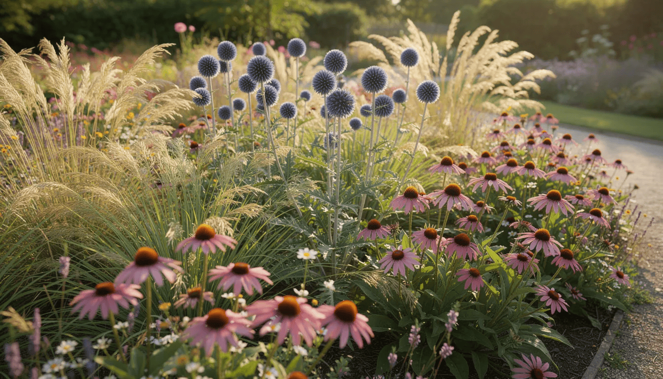Na zdjęciu znajduje się naturalistyczna rabata z przegorzanami, trawami ozdobnymi i jeżówkami, które kwitną w pełnym słońcu. Wśród roślin widoczne są kuliste kwiatostany przegorzanu kulistego oraz mocniej wybarwione kwiatostany, tworząc kolorowy i harmonijny krajobraz.