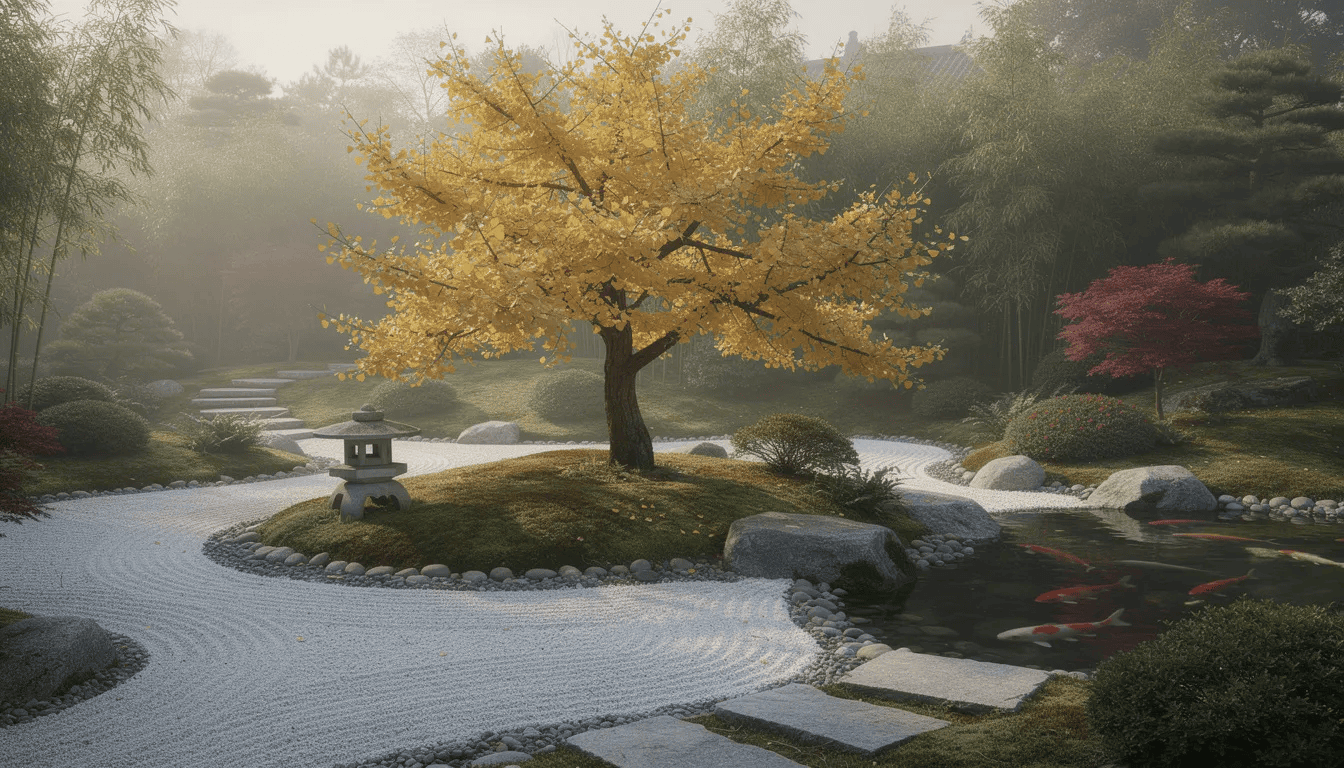 Na obrazie przedstawiony jest ogród w stylu japońskim, w którym centralnym elementem kompozycji jest miłorząb dwuklapowy (ginkgo biloba) z charakterystycznymi wachlarzowatymi liśćmi. Ogród otoczony jest starannie uformowanymi drzewami i roślinami, tworząc harmonijną przestrzeń do relaksu.