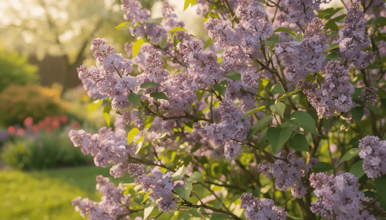 Na obrazku widoczny jest kwitnący krzew lilaka pospolitego, który ma gęste, fioletowe kwiatostany, wypełniające wiosenny ogród swoim przyjemnym zapachem. Krzew jest otoczony zielonymi liśćmi, co podkreśla jego dekoracyjne walory w słonecznym miejscu.
