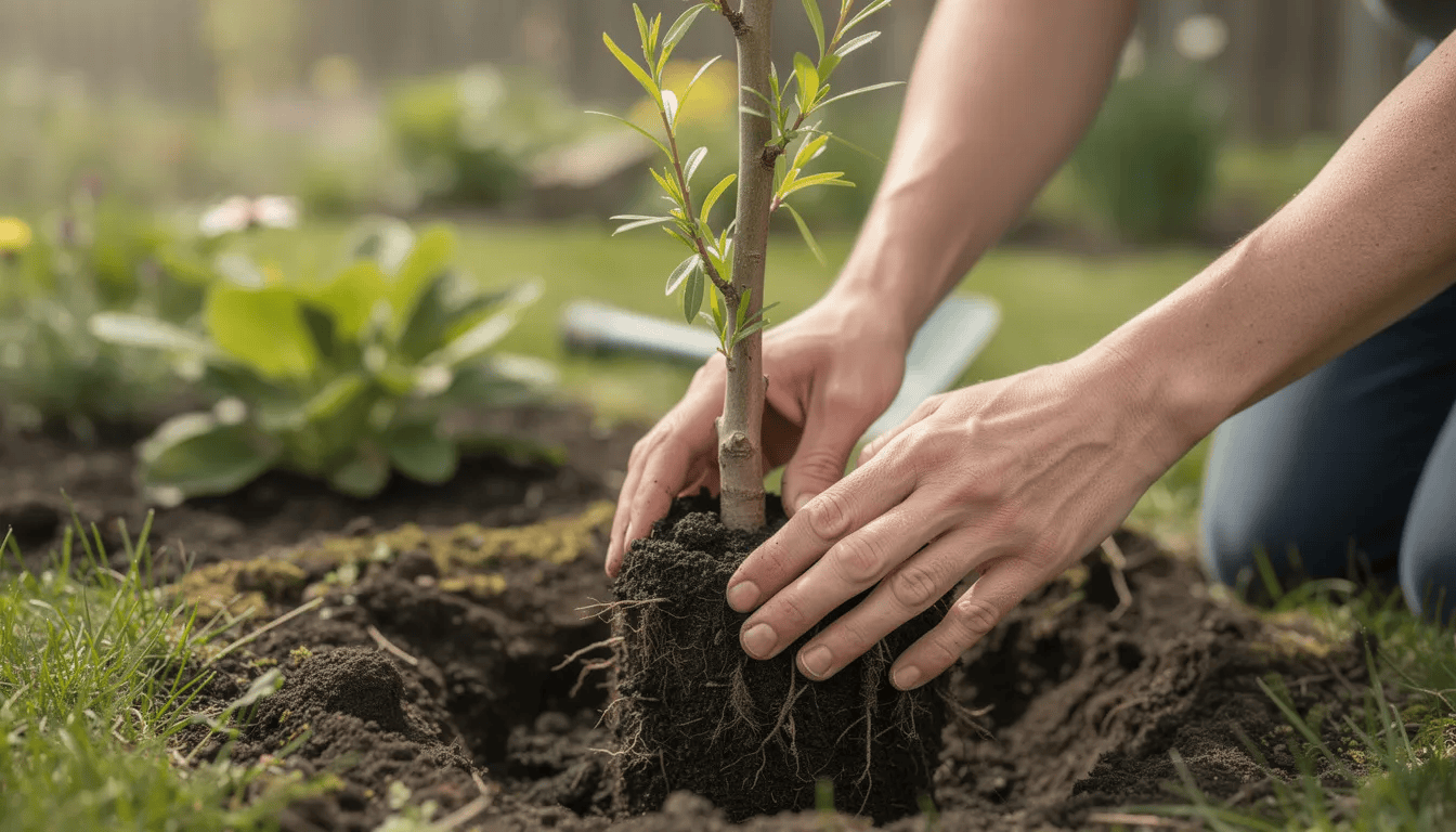 Na zdjęciu widać ręce sadzące młodą wierzbę w ogrodzie, przygotowując glebę dla jej korzeni. Sadzonki wierzby, takie jak wierzba iwa czy wierzba płacząca, są idealne do przydomowych ogrodów, szczególnie w wilgotnych miejscach.