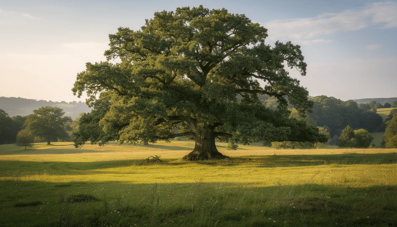 Na zdjęciu znajduje się majestatyczny dąb szypułkowy o rozłożystej koronie, rosnący samotnie na zielonej łące w parku krajobrazowym. Jego ciemnozielone liście i potężny pień nadają mu imponujące rozmiary, a otoczenie sprzyja zdrowemu wzrostowi tego drzewa liściastego.
