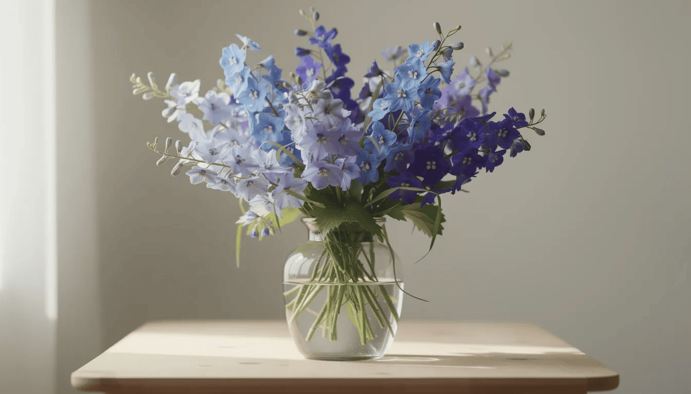 Na zdjęciu znajduje się bukiet ostróżek w różnych odcieniach błękitu i fioletu, umieszczony w szklanym wazonie. Kwiaty te, należące do rodziny jaskrowatych, charakteryzują się strzelistymi kwiatostanami oraz różnorodnością kolorów, co sprawia, że są chętnie wykorzystywane w ogrodowych rabatach.