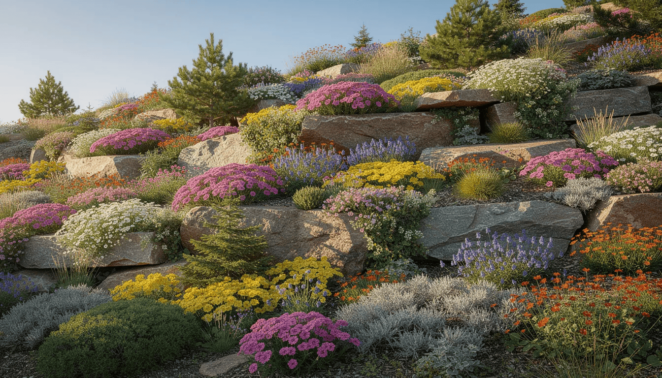 Na zdjęciu znajduje się skalniak ogrodowy, wypełniony różnokolorowymi bylinami alpejskimi, które zachwycają obfitym kwitnieniem. Wśród roślin wyróżniają się gęsiówka kaukaska z białymi i różowymi kwiatami, które pięknie kontrastują z zielonymi, gęsto ulistnionymi pędami.