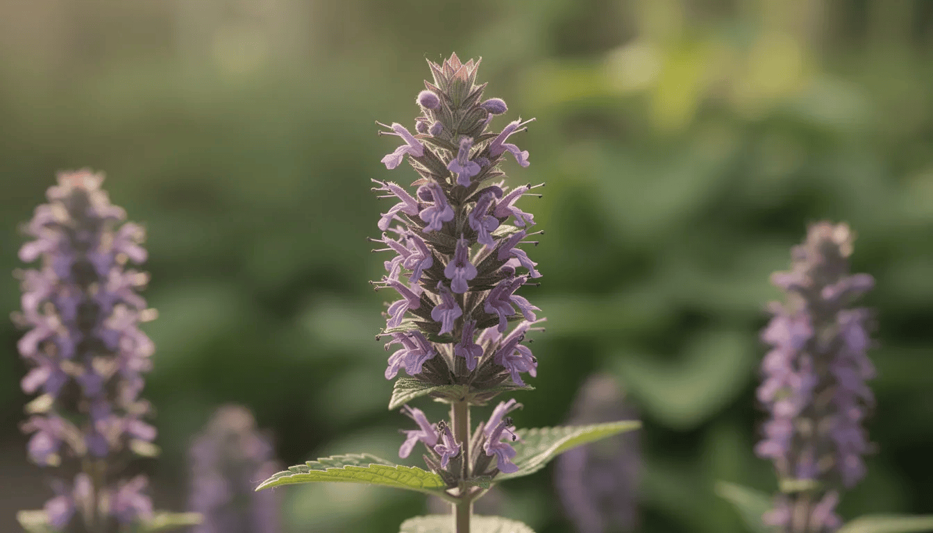 Na obrazie widoczny jest kwitnący kłosowiec z gęstymi, fioletowymi kłosowatymi kwiatostanami, otoczony zielenią w ogrodzie. Roślina ta, idealnym dodatkiem do rabat bylinowych, przyciąga owady zapylające, takie jak pszczoły i motyle.