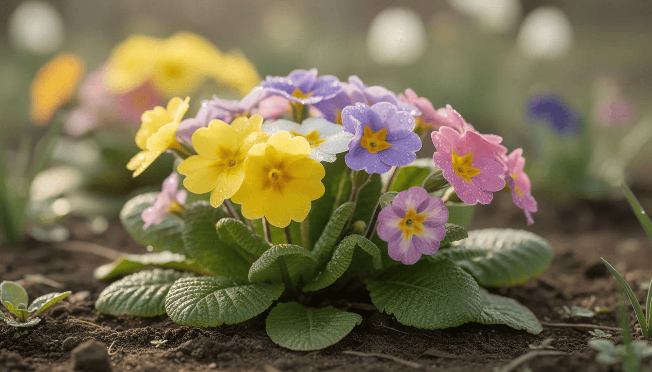 W wiosennym ogrodzie kwitną kolorowe pierwiosnki w różnych odcieniach żółci, fioletu i różu, tworząc malowniczy widok. Te delikatne kwiaty, takie jak pierwiosnek bezłodygowy i pierwiosnek lekarski, cieszą oko swoim obfitym kwitnieniem wczesną wiosną.