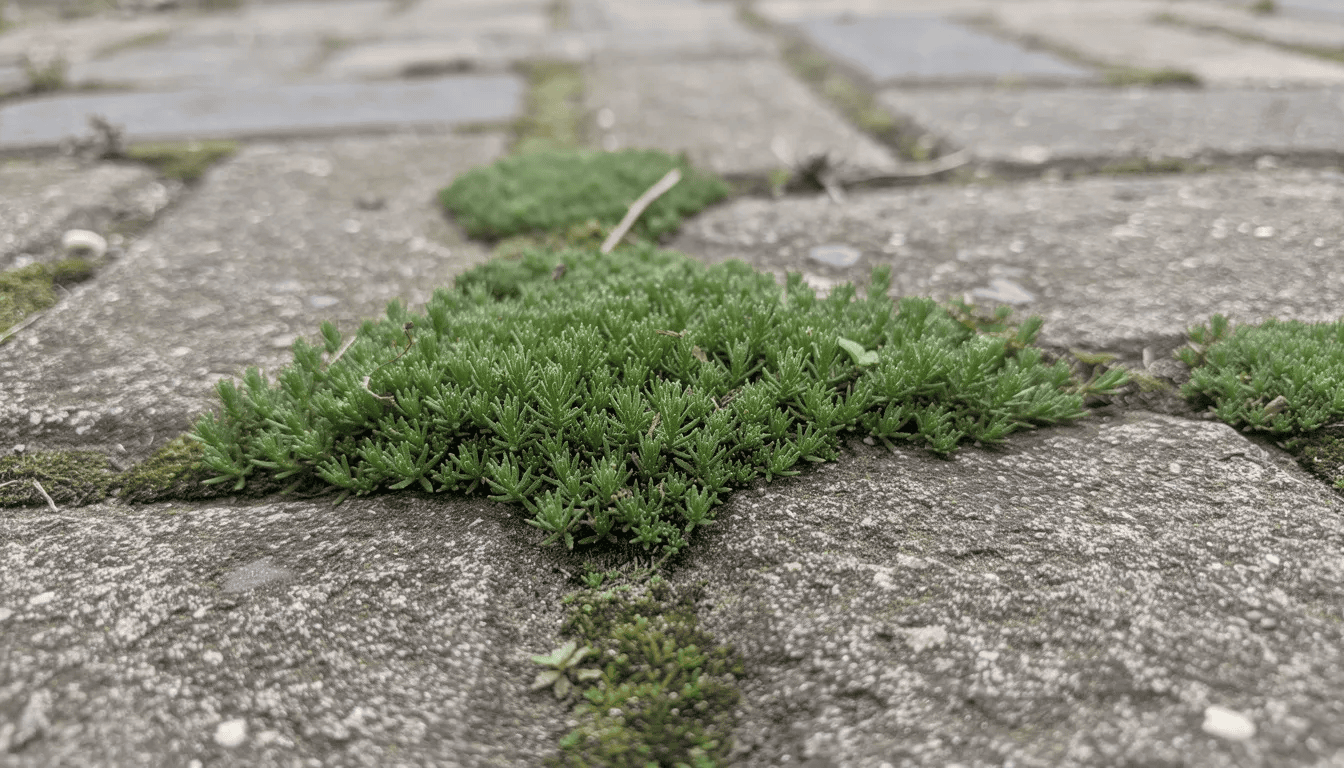 Na zdjęciu widoczny jest karmnik ościsty rosnący między płytami chodnikowymi, tworząc zielone fugi. Roślina ta, charakteryzująca się zwartą strukturą, idealnie wypełnia puste przestrzenie, dodając uroku ogrodowym ścieżkom.