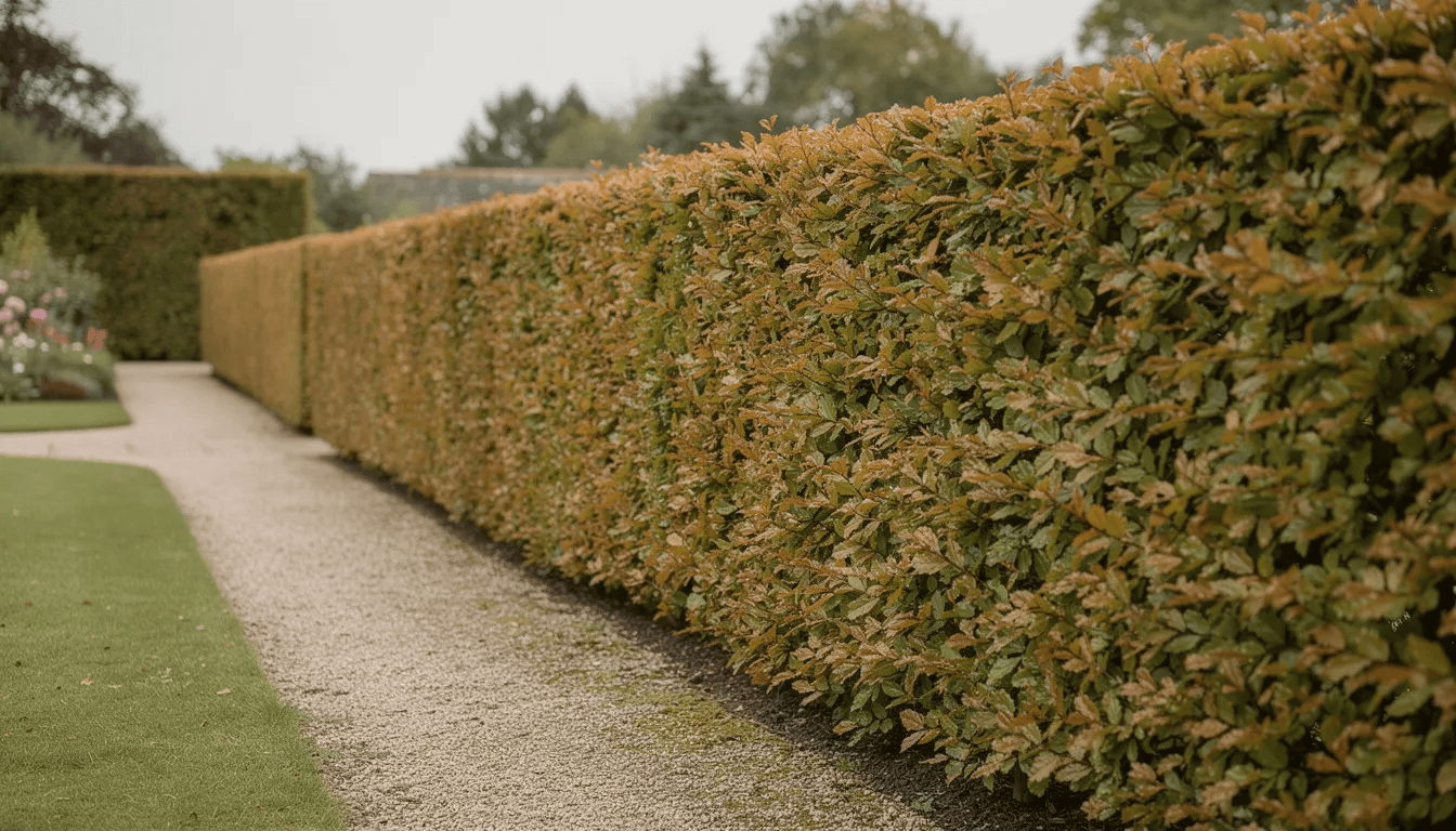 Na zdjęciu znajduje się równo przystrzyżony żywopłot bukowy, wykonany z młodych buki pospolitego (fagus sylvatica), wzdłuż ścieżki ogrodowej. Żywopłot charakteryzuje się gęstym ulistnieniem, a jego liście są intensywnie zielone, co nadaje ogrodowi świeży wygląd.