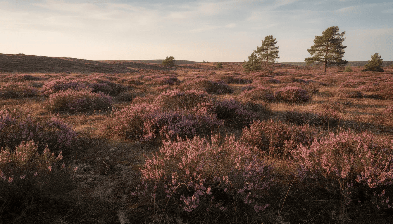 Na rozległym wrzosowisku kwitną fioletowe i różowe kwiaty wrzosu, otoczone pojedynczymi sosnami w tle. Obfite kwitnienie roślin wrzosowatych tworzy malowniczy krajobraz, który zachwyca swoją barwą i różnorodnością.