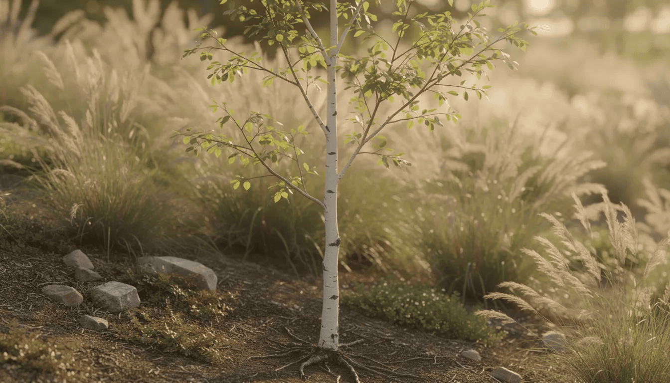 Na skarpie w ogrodzie naturalistycznym rośnie młoda brzoza brodawkowata, otoczona ozdobnymi trawami. Drzewko ma białą korę i liście wiosną, co nadaje mu dekoracyjny wygląd wśród innych roślin.