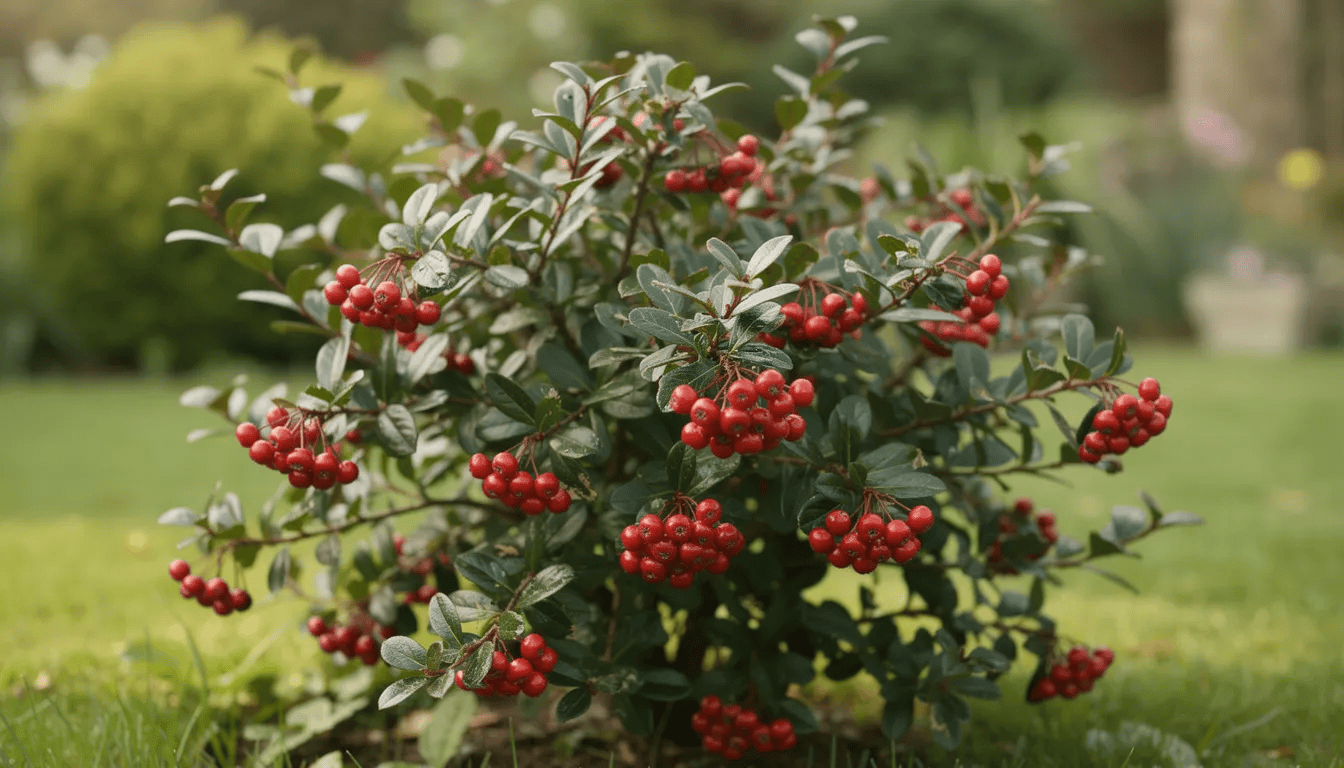 Na zdjęciu widoczny jest rozłożysty krzew irgi, obficie obciążony czerwonymi owocami, na tle zielonego ogrodu. Roślina ta, znana z błyszczących liści i ozdobnych kwiatów, stanowi doskonały element dekoracyjny, a jej owoce przyciągają uwagę.