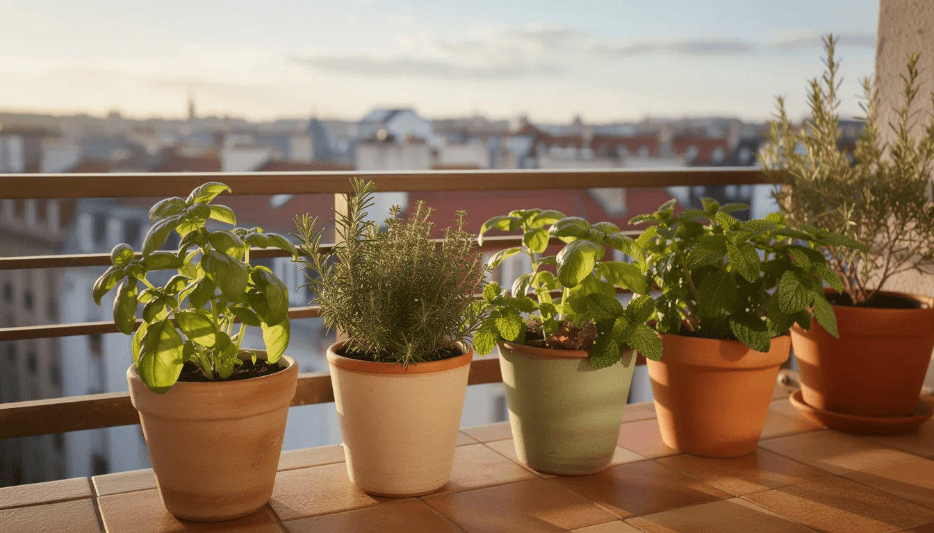 Na słonecznym balkonie znajdują się ceramiczne donice wypełnione różnorodnymi ziołami, takimi jak mięta i rumianek, które mają właściwości lecznicze i korzystny wpływ na układ odpornościowy. W tle widoczny jest panoramiczny widok na miasto, co tworzy przyjemną atmosferę do relaksu i cieszenia się naturą.