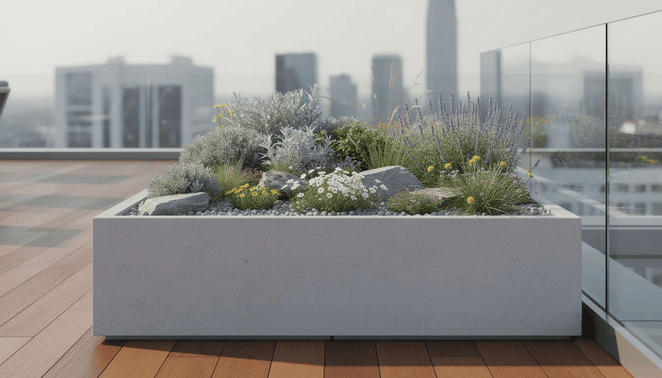 Nowoczesna betonowa donica na tarasie zawiera kompozycję roślin alpejskich, w tym młode rośliny o pięciopłatkowych kwiatach, które doskonale radzą sobie w ogrodach skalnych. Rośliny te preferują stanowiska słoneczne oraz przepuszczalne podłoże, co sprawia, że są idealnym wyborem do dekoracji przestrzeni na świeżym powietrzu.