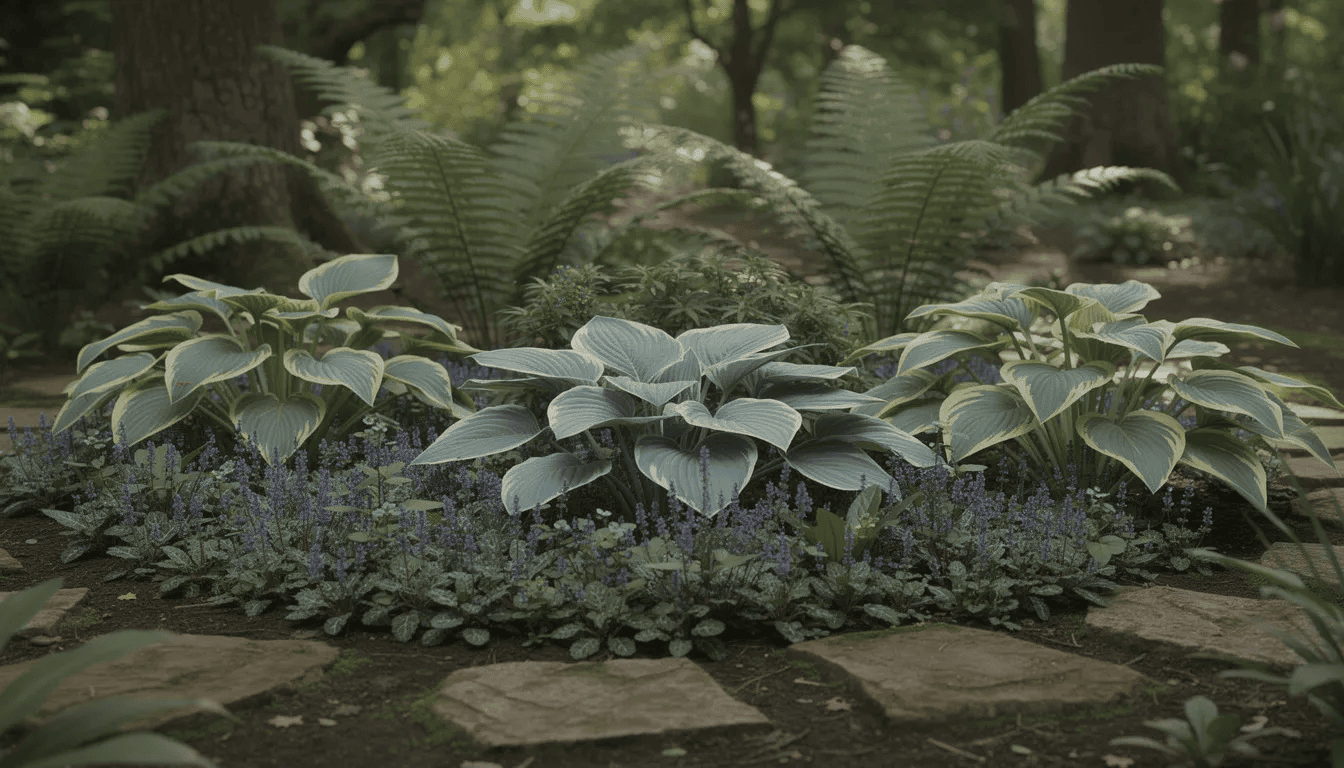 Na rabacie w zacienionym ogrodzie rośnie dąbrówka rozłogowa, która tworzy gęste okrycie, w towarzystwie host i paproci. Wczesną wiosną roślina kwitnie, a jej niebieskie kwiatostany dodają uroku tej zielonej kompozycji.