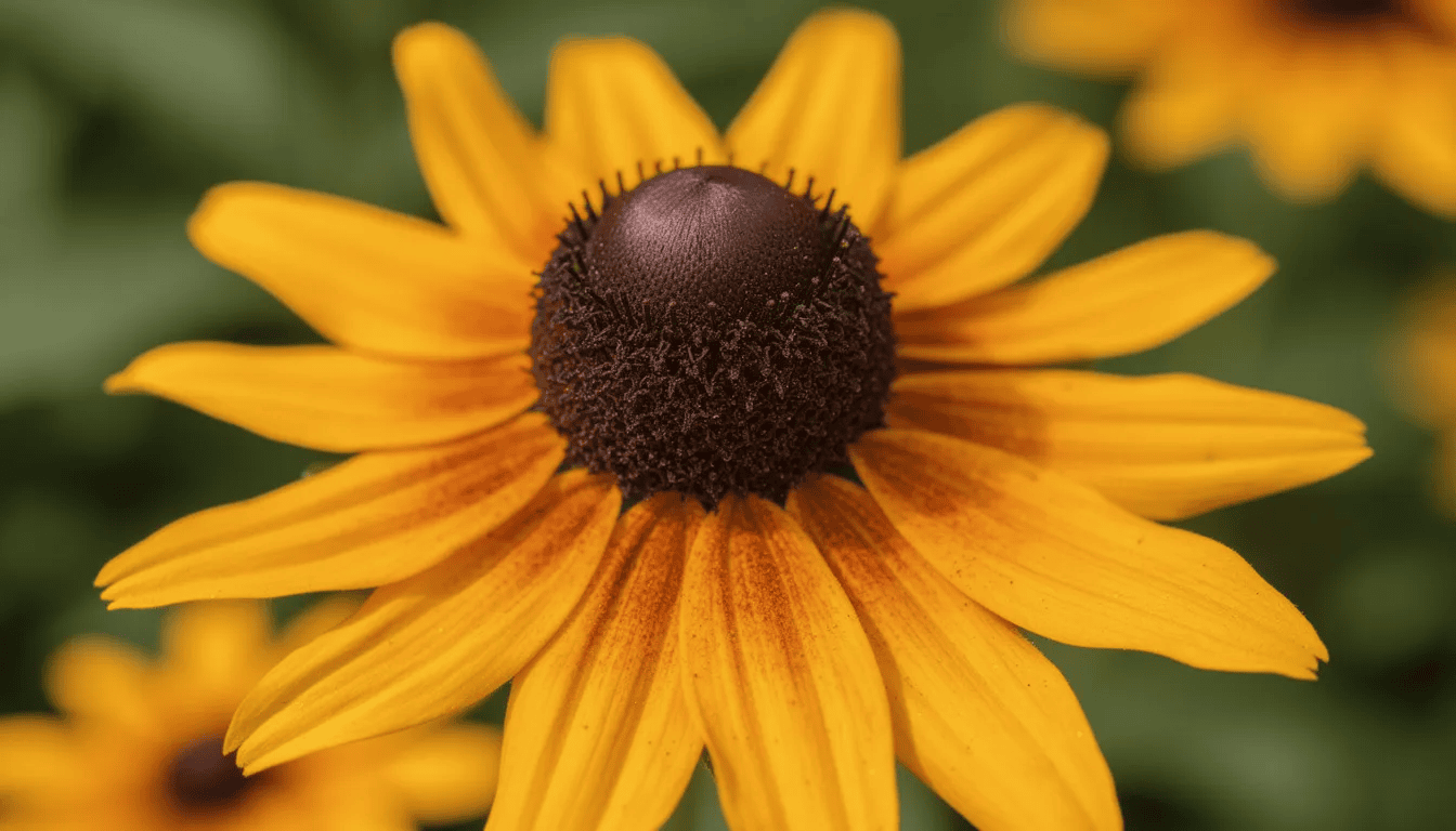 Zbliżenie kwiatu rudbekii 'Goldsturm' ukazuje intensywnie żółte płatki otaczające ciemnobrązowy środek, tworząc efektowny kontrast. Kwiat ten, należący do rodziny astrowatych, charakteryzuje się długotrwałym kwitnieniem i dekoracyjnymi walorami, idealnie nadając się do ogrodów naturalistycznych.