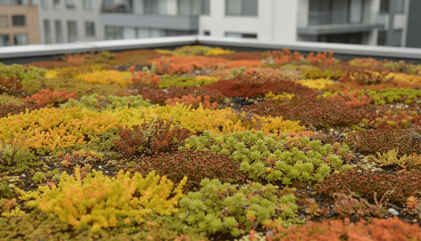 Na zielonym dachu rośnie różnorodność gatunków rozchodnika, tworząc kolorowy dywan z mięsistych liści i kwiatów w odcieniach różu i żółci. Rośliny te, jak rozchodnik karpacki i rozchodnik okazały, doskonale zdobią przestrzeń, a ich dekoracyjny wygląd przyciąga wzrok.