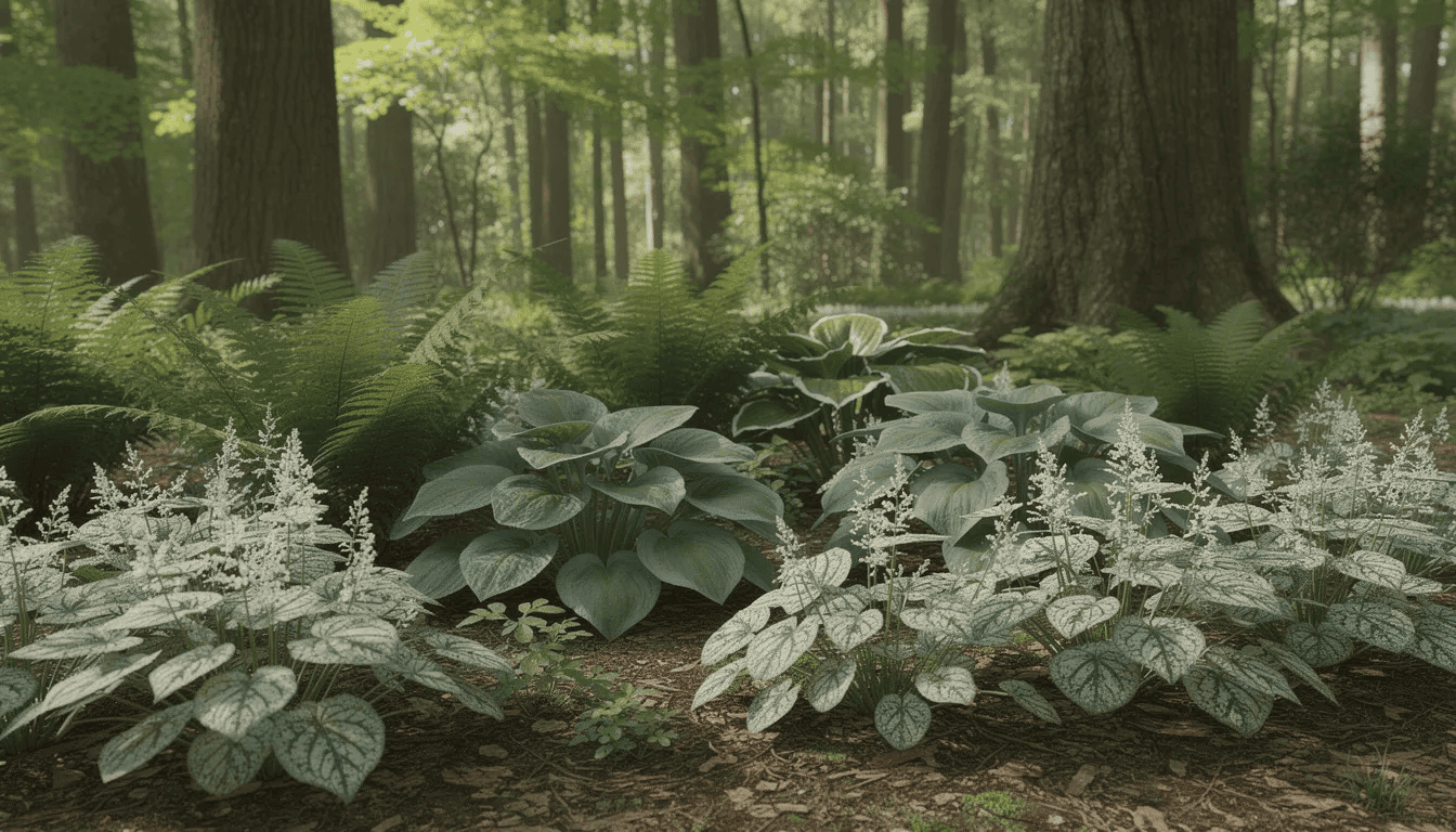 Wielowarstwowa rabata leśna w cieniu dużych drzew, z gęstymi kępami tiarelli cordifolia, paproci i funkii, tworzy zielony dywan o dekoracyjnych liściach, idealny do cienistych zakątków ogrodu. Wiosną pojawiają się białe kwiaty, a jesienią liście przebarwiają się, dodając uroku tej leśnej kompozycji.